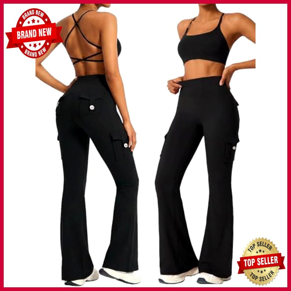 High Waisted Flare Leggings with Pockets and Sports Bra Workout Set - Picture 3 of 7